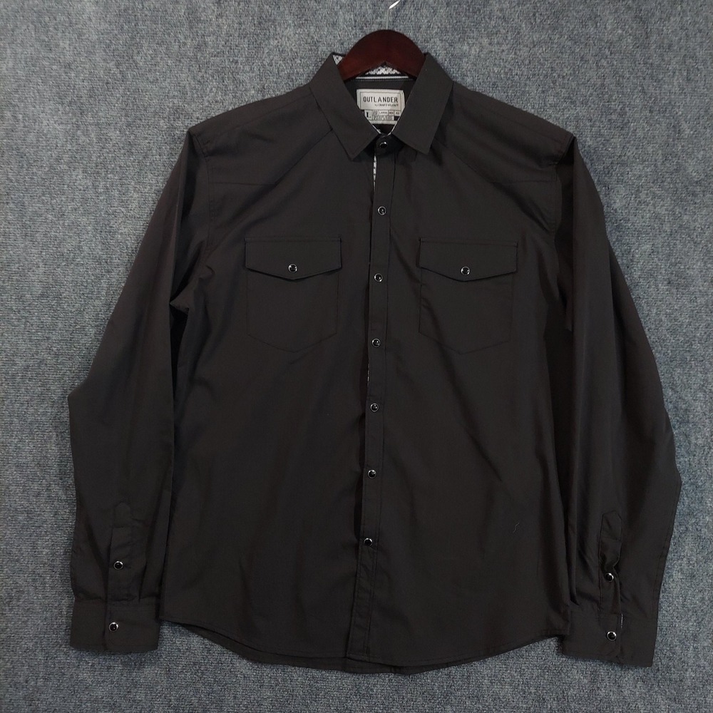 Outlander Shirt Mens Large Black Solid Long Sleeve Snap Western Stretch Pockets